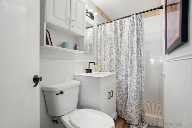 bathroom featuring vanity, toilet, and a shower with shower curtain