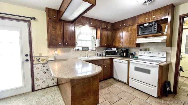 96848 S 4510th Rd, Vian, OK 74962 - kitchen with white appliances, under cabinet range hood, a peninsula, a sink, and light countertops