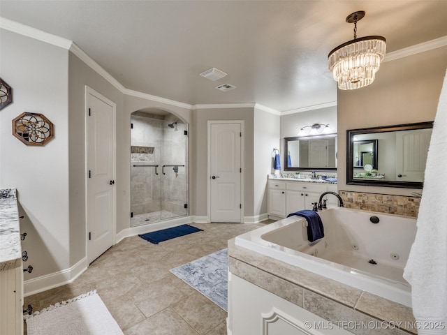 bathroom featuring tile patterned flooring, ornamental molding, shower with separate bathtub, and vanity