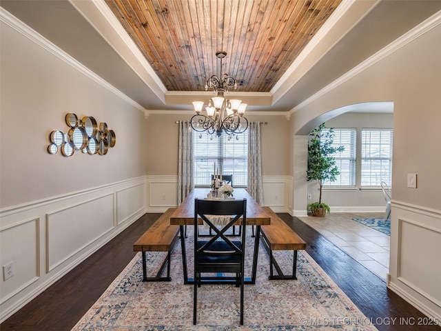 dining area with a notable chandelier, a wealth of natural light, wooden ceiling, and a tray ceiling