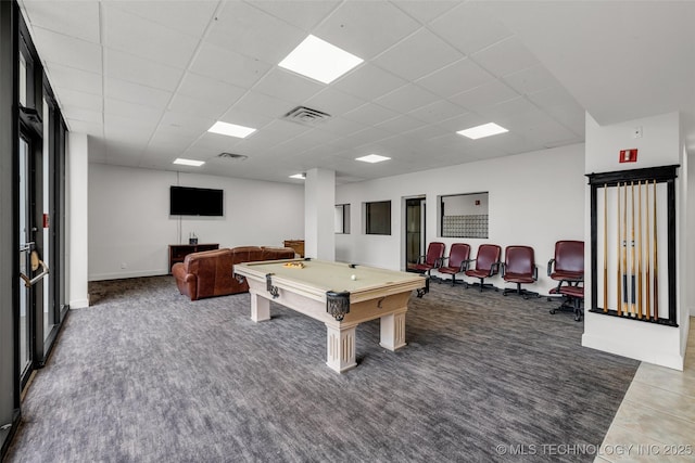 rec room featuring dark tile patterned floors, a paneled ceiling, and pool table