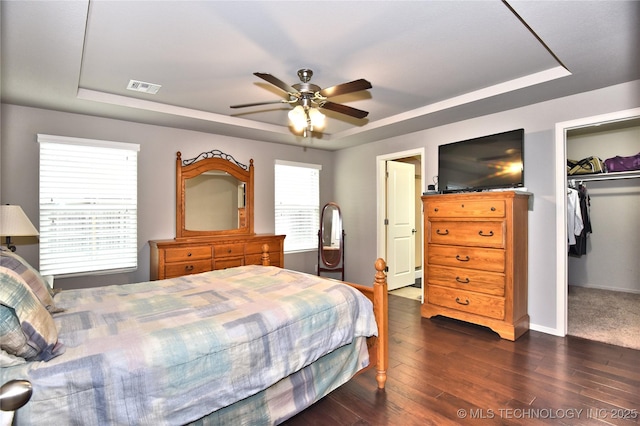 bedroom featuring a spacious closet, dark hardwood / wood-style floors, a raised ceiling, a closet, and ceiling fan