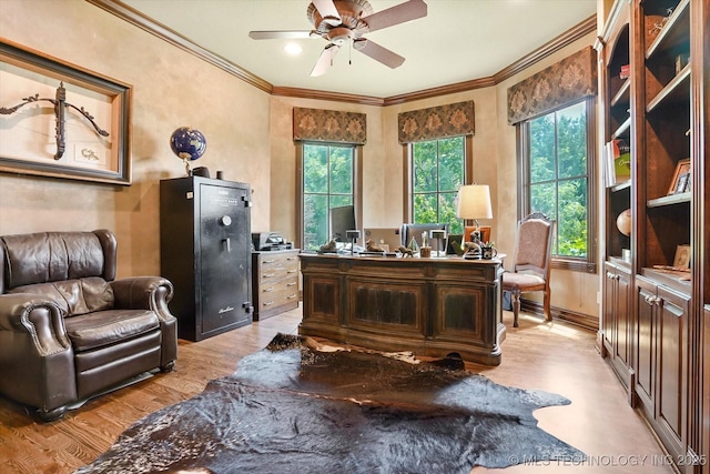 6215 E 86th Pl, Tulsa, OK 74137 - office featuring light hardwood / wood-style flooring, ornamental molding, and ceiling fan