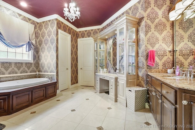 6215 E 86th Pl, Tulsa, OK 74137 - bathroom featuring tile patterned floors, an inviting chandelier, ornamental molding, vanity, and a bath