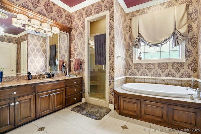 6215 E 86th Pl, Tulsa, OK 74137 - bathroom featuring tile patterned flooring, shower with separate bathtub, ornamental molding, and vanity