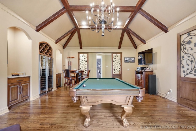 6215 E 86th Pl, Tulsa, OK 74137 - game room featuring vaulted ceiling with beams, pool table, and dark hardwood / wood-style floors