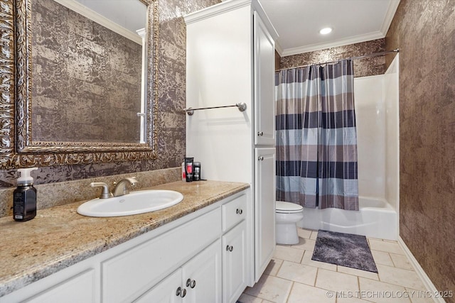 6215 E 86th Pl, Tulsa, OK 74137 - full bathroom with toilet, crown molding, shower / tub combo, vanity, and tile patterned flooring