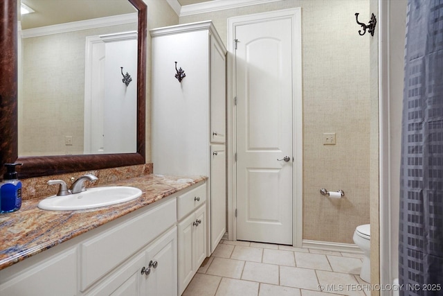 6215 E 86th Pl, Tulsa, OK 74137 - bathroom featuring vanity, tile patterned flooring, ornamental molding, and toilet