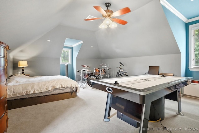 6215 E 86th Pl, Tulsa, OK 74137 - carpeted bedroom with ceiling fan, ornamental molding, and lofted ceiling