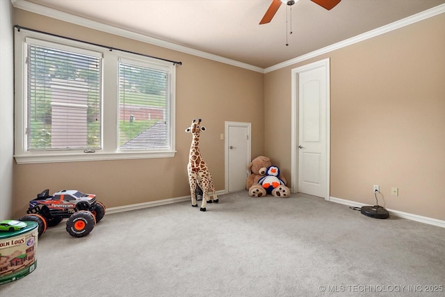 6215 E 86th Pl, Tulsa, OK 74137 - playroom with ornamental molding, light carpet, and ceiling fan