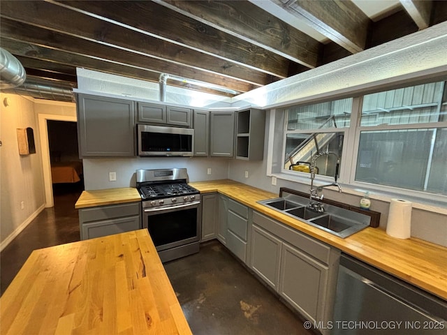 kitchen with gray cabinets, appliances with stainless steel finishes, butcher block counters, and sink