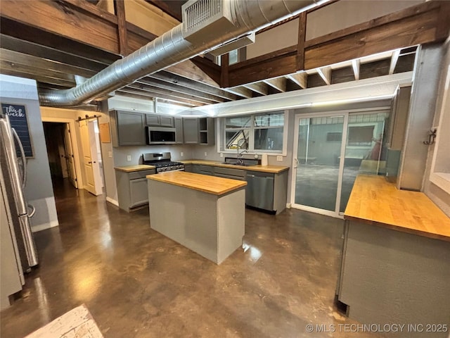 kitchen featuring gray cabinets, appliances with stainless steel finishes, butcher block counters, sink, and a center island