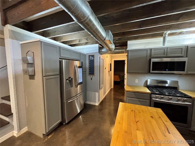 kitchen featuring stainless steel appliances, butcher block countertops, and gray cabinetry