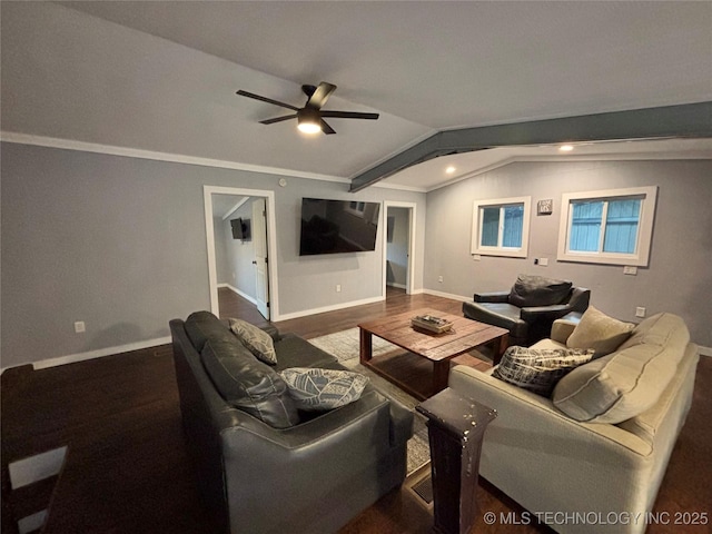 living room featuring vaulted ceiling, ornamental molding, dark hardwood / wood-style floors, and ceiling fan