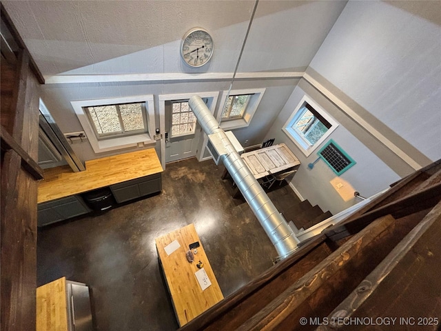 living room featuring lofted ceiling