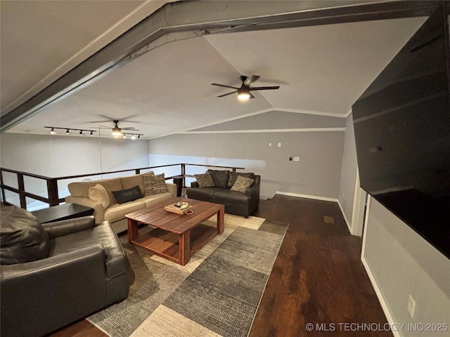 living room with hardwood / wood-style flooring, rail lighting, lofted ceiling, and ceiling fan