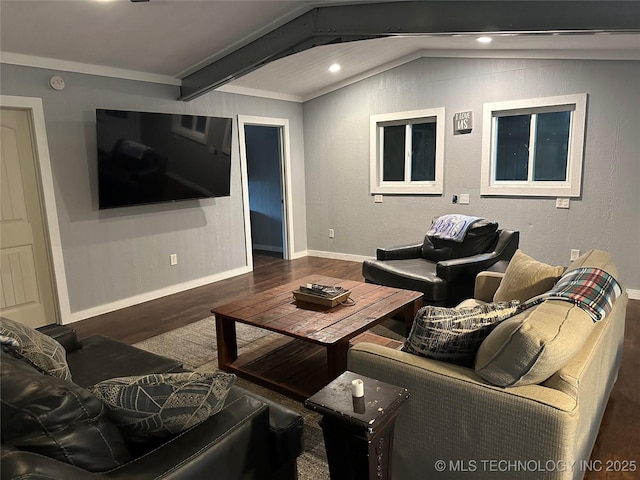 living room featuring vaulted ceiling with beams and dark hardwood / wood-style flooring