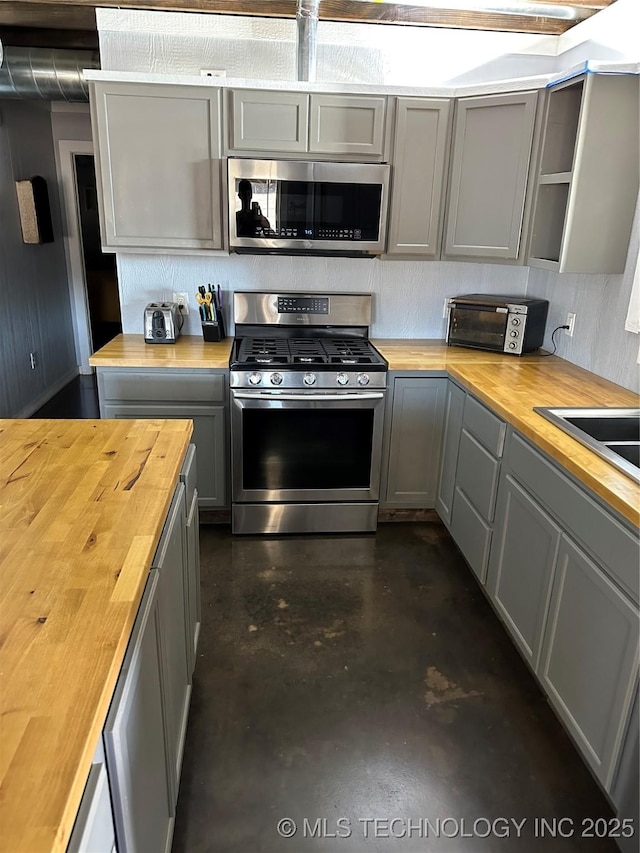 kitchen featuring wooden counters, stainless steel appliances, and gray cabinetry