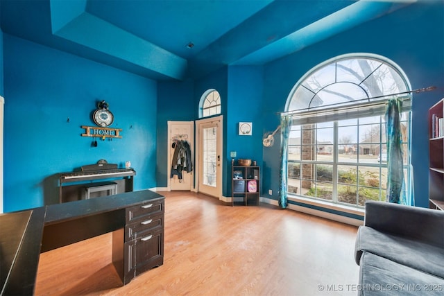 office area with baseboard heating, a tray ceiling, and light hardwood / wood-style floors