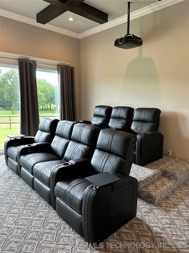 carpeted home theater room with coffered ceiling, crown molding, beam ceiling, and ceiling fan