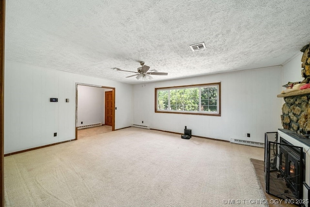 unfurnished living room with a baseboard radiator, light carpet, and ceiling fan