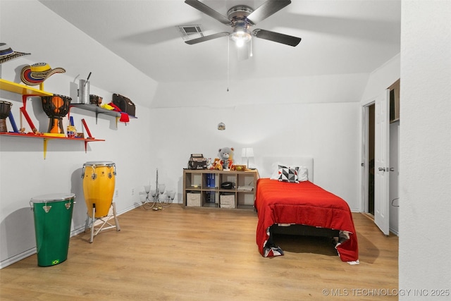 bedroom featuring ceiling fan and light wood-type flooring