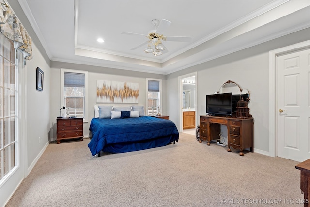 bedroom with crown molding, multiple windows, a raised ceiling, and light carpet