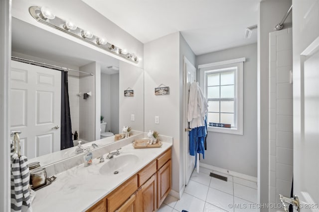 bathroom with vanity, toilet, and tile patterned flooring