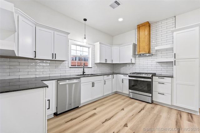 kitchen featuring appliances with stainless steel finishes, white cabinetry, sink, hanging light fixtures, and wall chimney exhaust hood