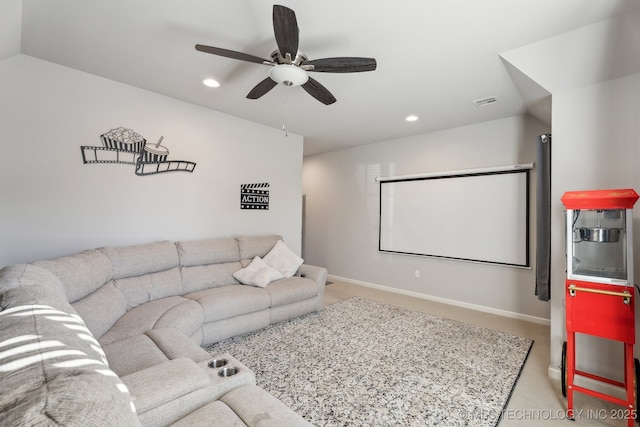 carpeted cinema room with lofted ceiling, ceiling fan, baseboards, and recessed lighting