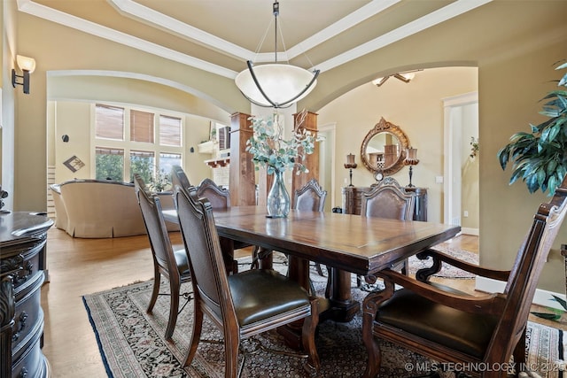 dining room with a tray ceiling, crown molding, light hardwood / wood-style flooring, and ornate columns