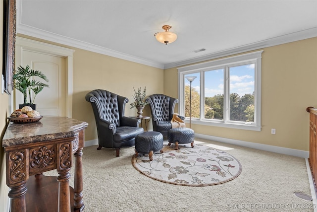 sitting room with crown molding and carpet floors