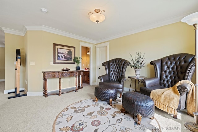 living area featuring crown molding and carpet floors