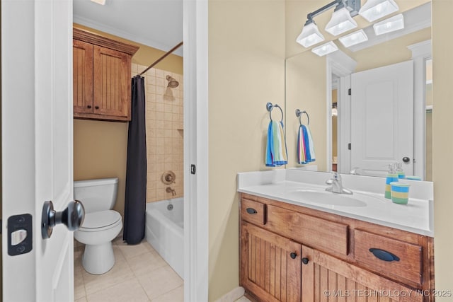 full bathroom with crown molding, tile patterned flooring, vanity, toilet, and shower / bath combo