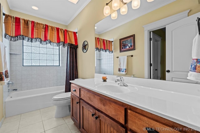 full bathroom featuring crown molding, shower / bath combo, vanity, tile patterned floors, and toilet