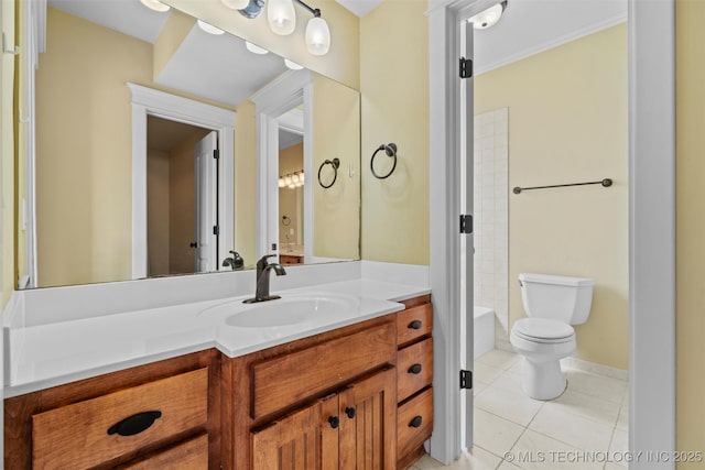 full bathroom with bathtub / shower combination, tile patterned floors, toilet, and vanity