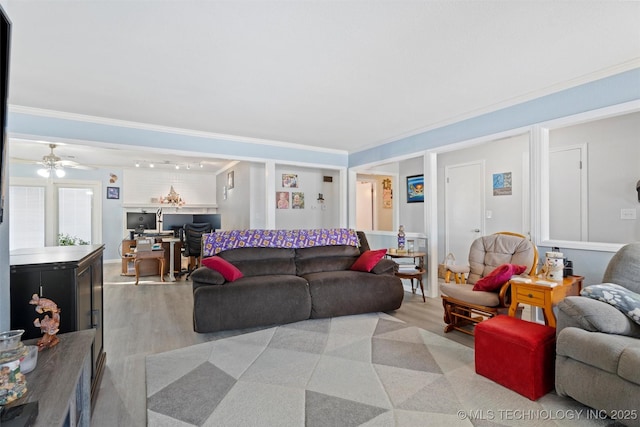 living room featuring crown molding, ceiling fan, and light hardwood / wood-style flooring