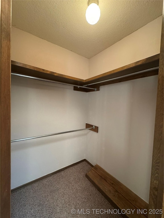 walk in closet with dark colored carpet