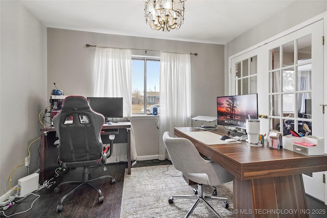 office featuring a notable chandelier and wood-type flooring