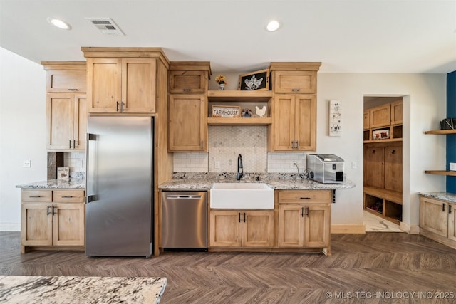 9501 S 4170th Rd, Claremore, OK 74017 - kitchen with stainless steel appliances, open shelves, a sink, decorative backsplash, and light stone counters