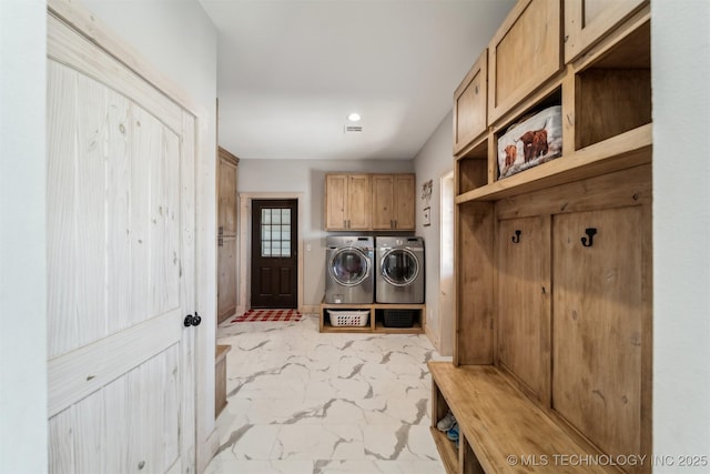 9501 S 4170th Rd, Claremore, OK 74017 - washroom featuring independent washer and dryer, light marble finish flooring, and cabinet space