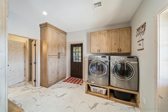 9501 S 4170th Rd, Claremore, OK 74017 - laundry area featuring washing machine and clothes dryer, cabinet space, light marble finish floors, and recessed lighting