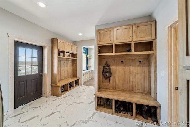 9501 S 4170th Rd, Claremore, OK 74017 - mudroom featuring recessed lighting and marble finish floors