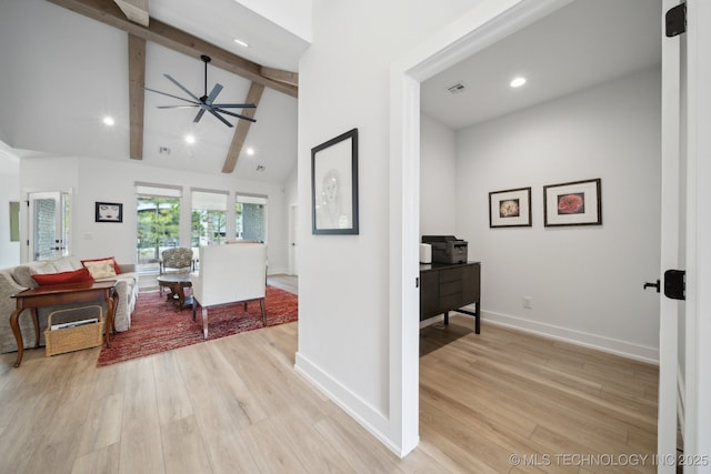 living room featuring beamed ceiling, ceiling fan, high vaulted ceiling, and light wood-type flooring