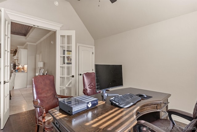 home office with french doors, lofted ceiling, ornamental molding, dark hardwood / wood-style floors, and ceiling fan