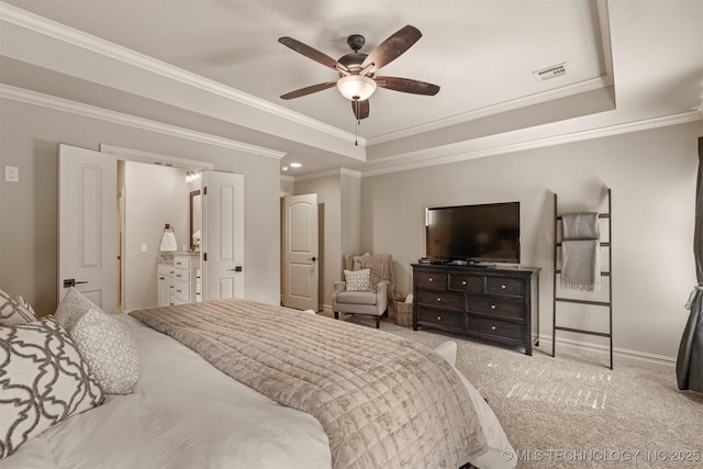 carpeted bedroom featuring ornamental molding, a raised ceiling, and ceiling fan