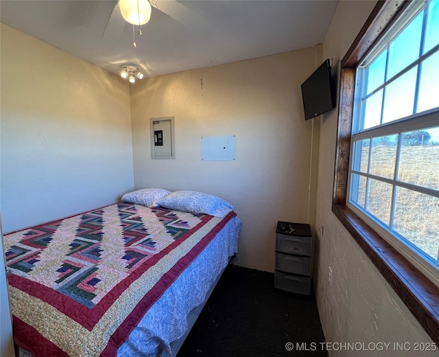 bedroom featuring electric panel and multiple windows