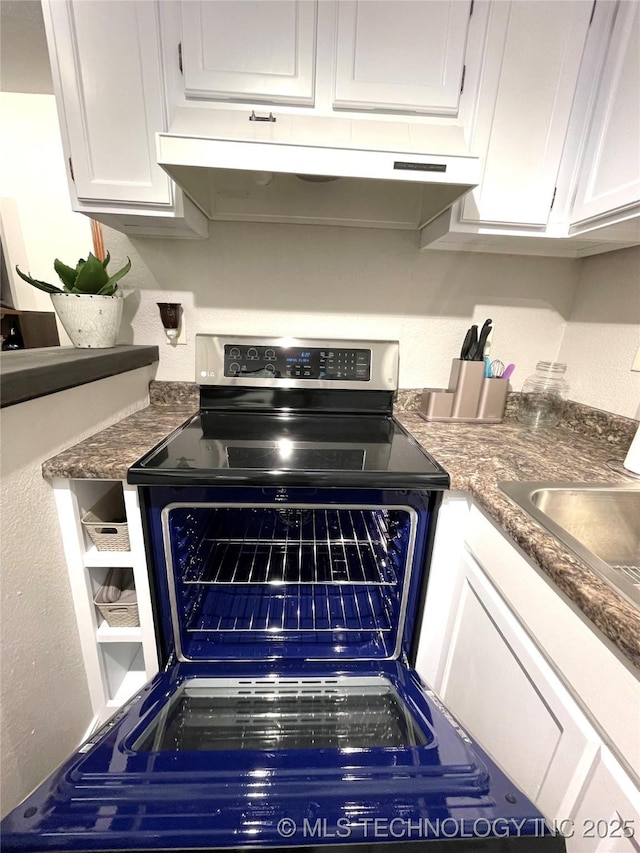 6663 S Victor Ave Unit H # 305, Tulsa, OK 74136 - kitchen view of under cabinet range hood, stainless steel electric range, white cabinets, and dark countertops