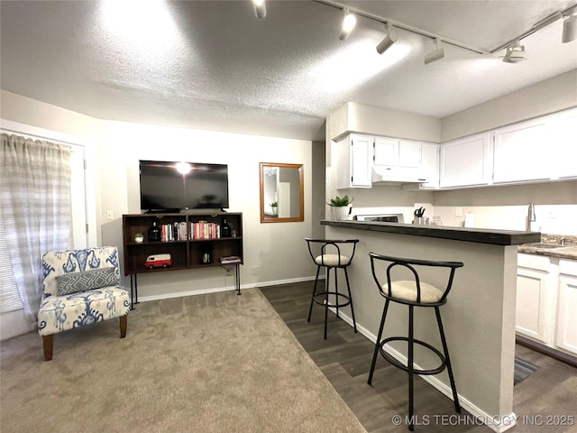 kitchen with white cabinets, a kitchen breakfast bar, rail lighting, under cabinet range hood, and dark wood-style floors