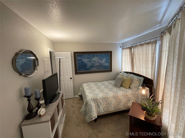 carpeted bedroom with a textured ceiling
